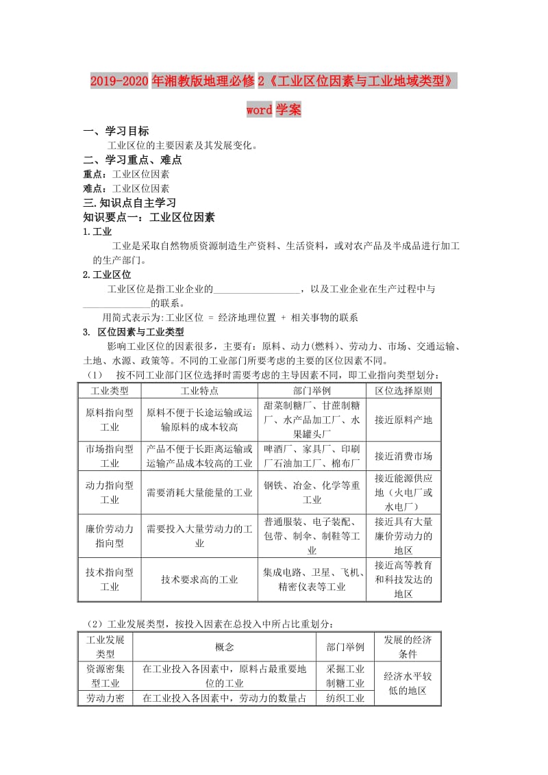 2019-2020年湘教版地理必修2《工业区位因素与工业地域类型》word学案.doc_第1页