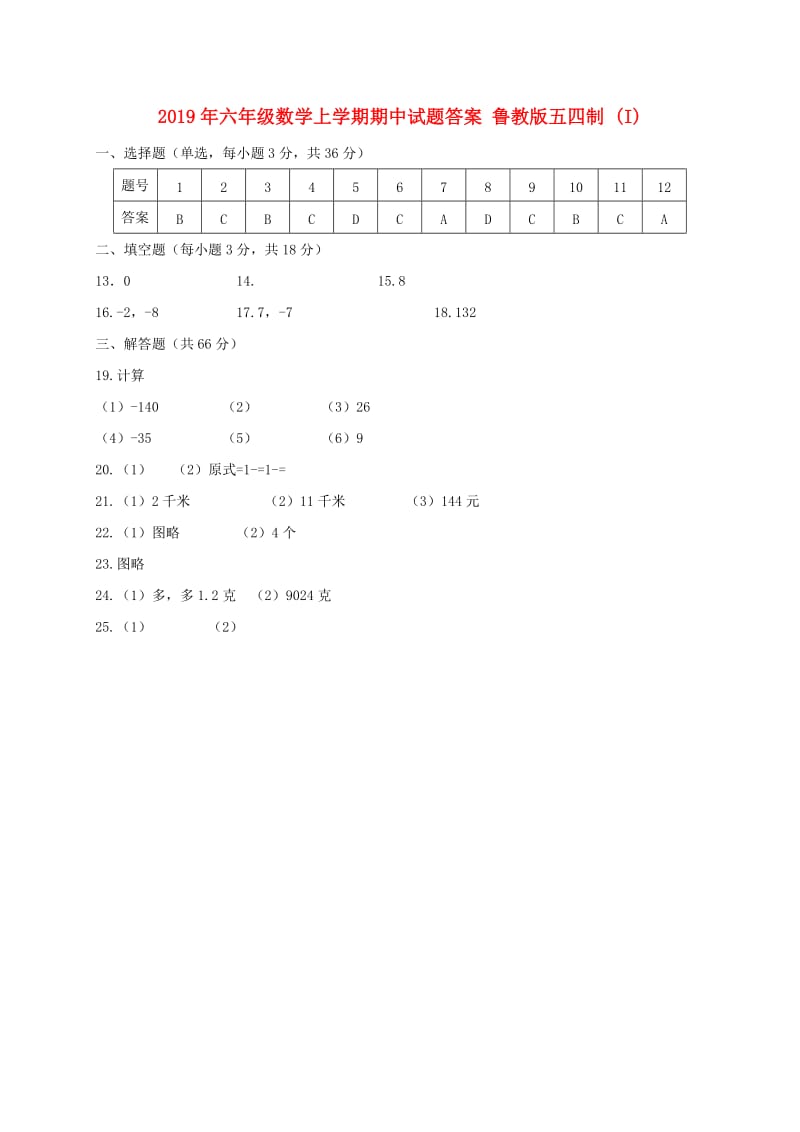 2019年六年级数学上学期期中试题答案 鲁教版五四制 (I).doc_第1页