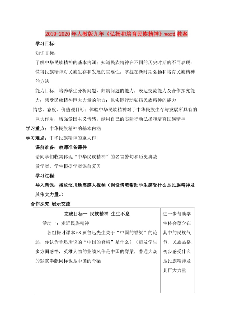 2019-2020年人教版九年《弘扬和培育民族精神》word教案.doc_第1页