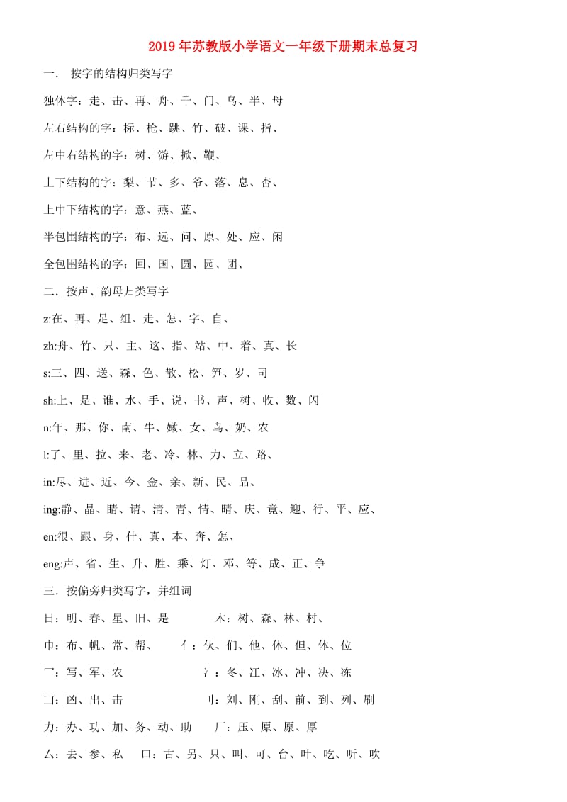 2019年苏教版小学语文一年级下册期末总复习.doc_第1页