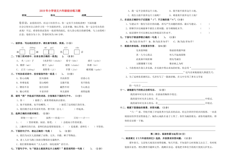 2019年小学语文六年级综合练习题.doc_第1页