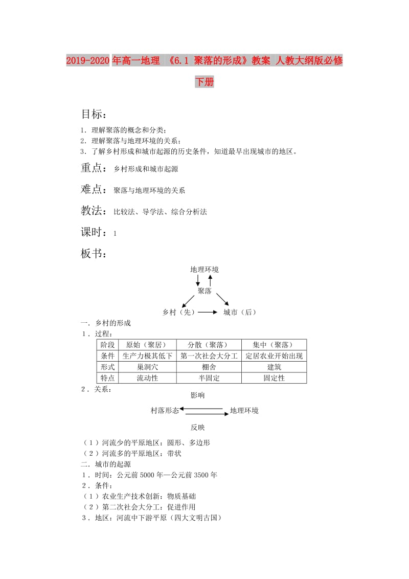 2019-2020年高一地理 《6.1 聚落的形成》教案 人教大纲版必修下册.doc_第1页