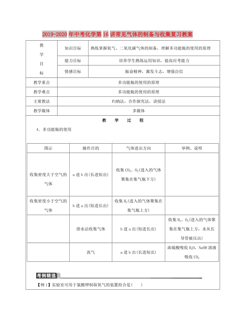 2019-2020年中考化学第16讲常见气体的制备与收集复习教案.doc_第1页