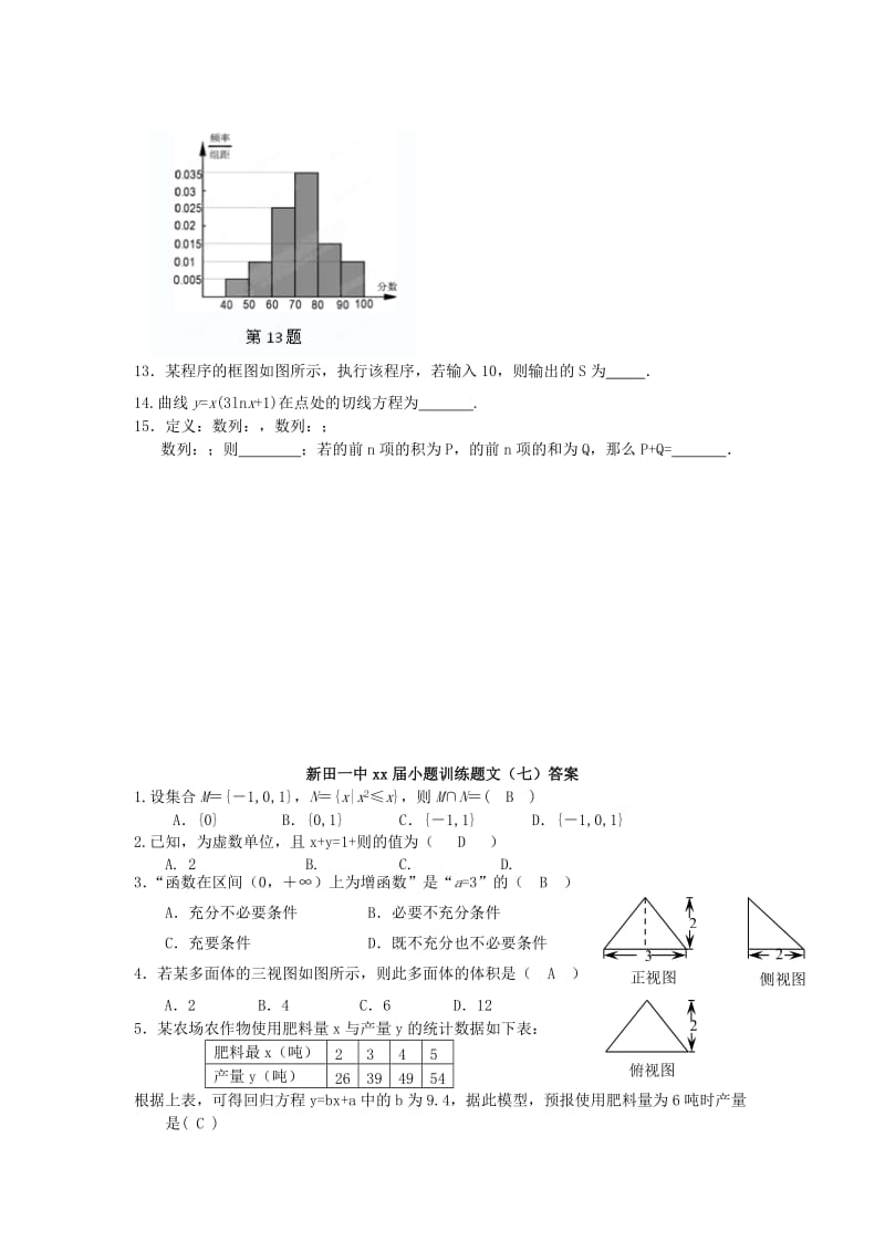 2019-2020年高三数学 小题训练7 文.doc_第2页