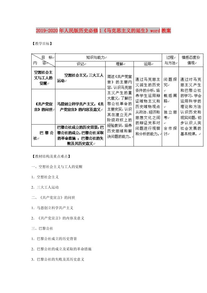 2019-2020年人民版历史必修1《马克思主义的延生》word教案.doc_第1页