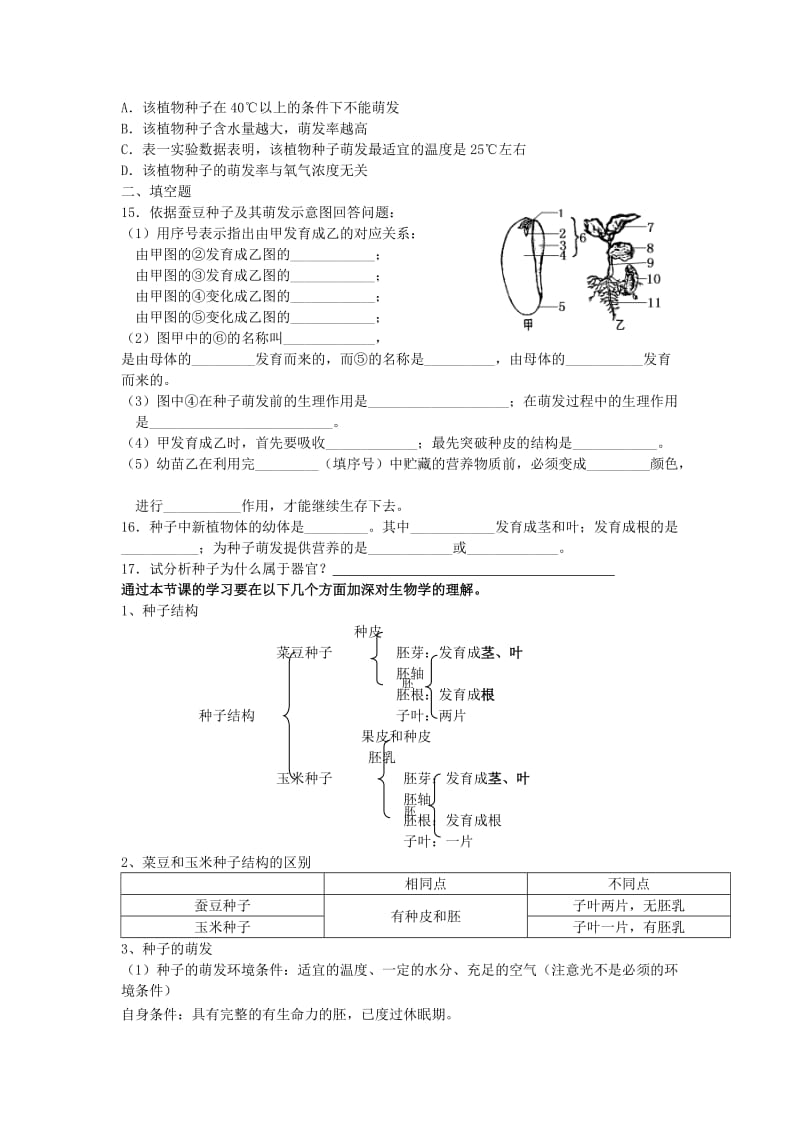 2019-2020年中考生物 考点七 种子的结构与荫发复习教学案.doc_第3页