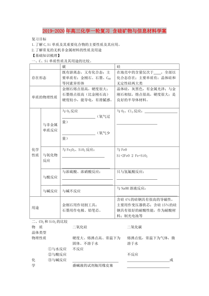 2019-2020年高三化学一轮复习 含硅矿物与信息材料学案.doc_第1页