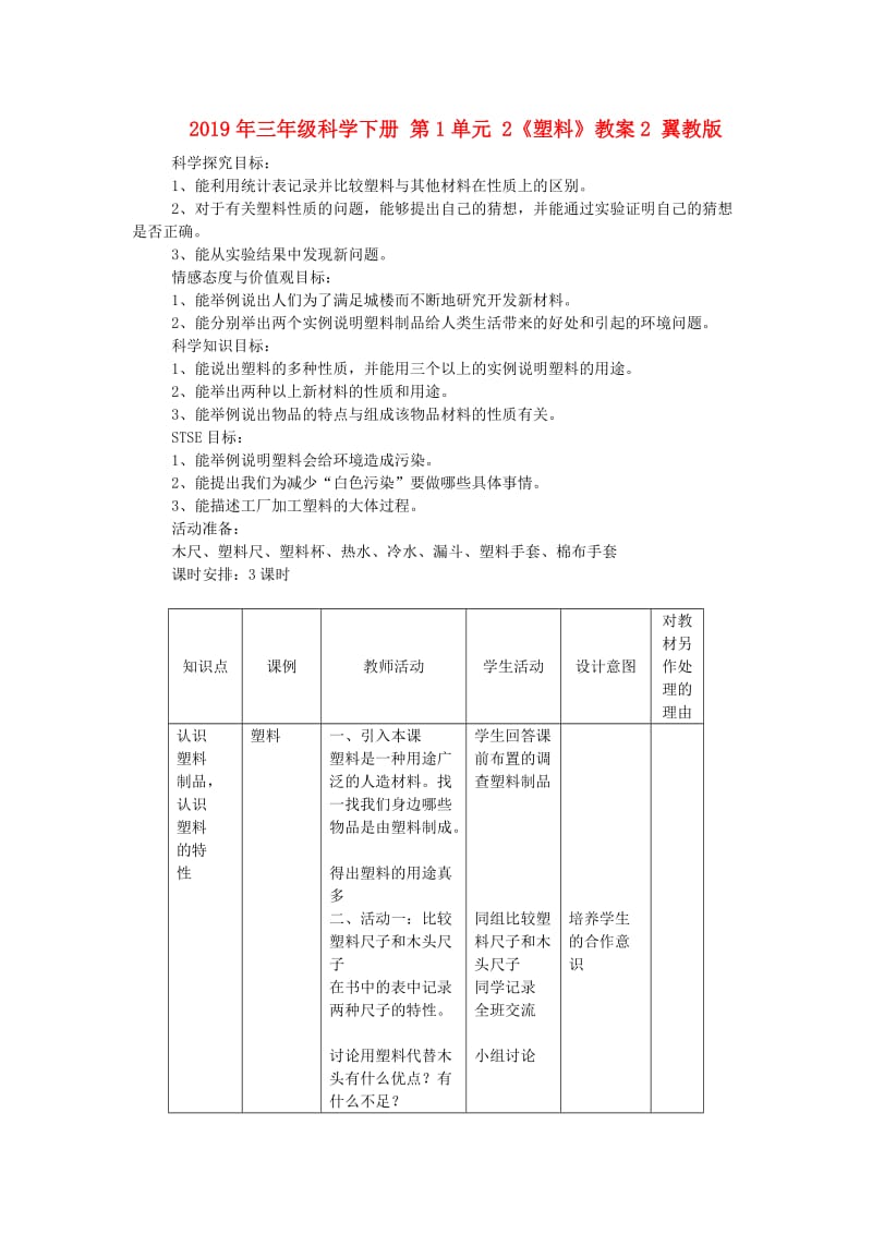 2019年三年级科学下册 第1单元 2《塑料》教案2 翼教版.doc_第1页