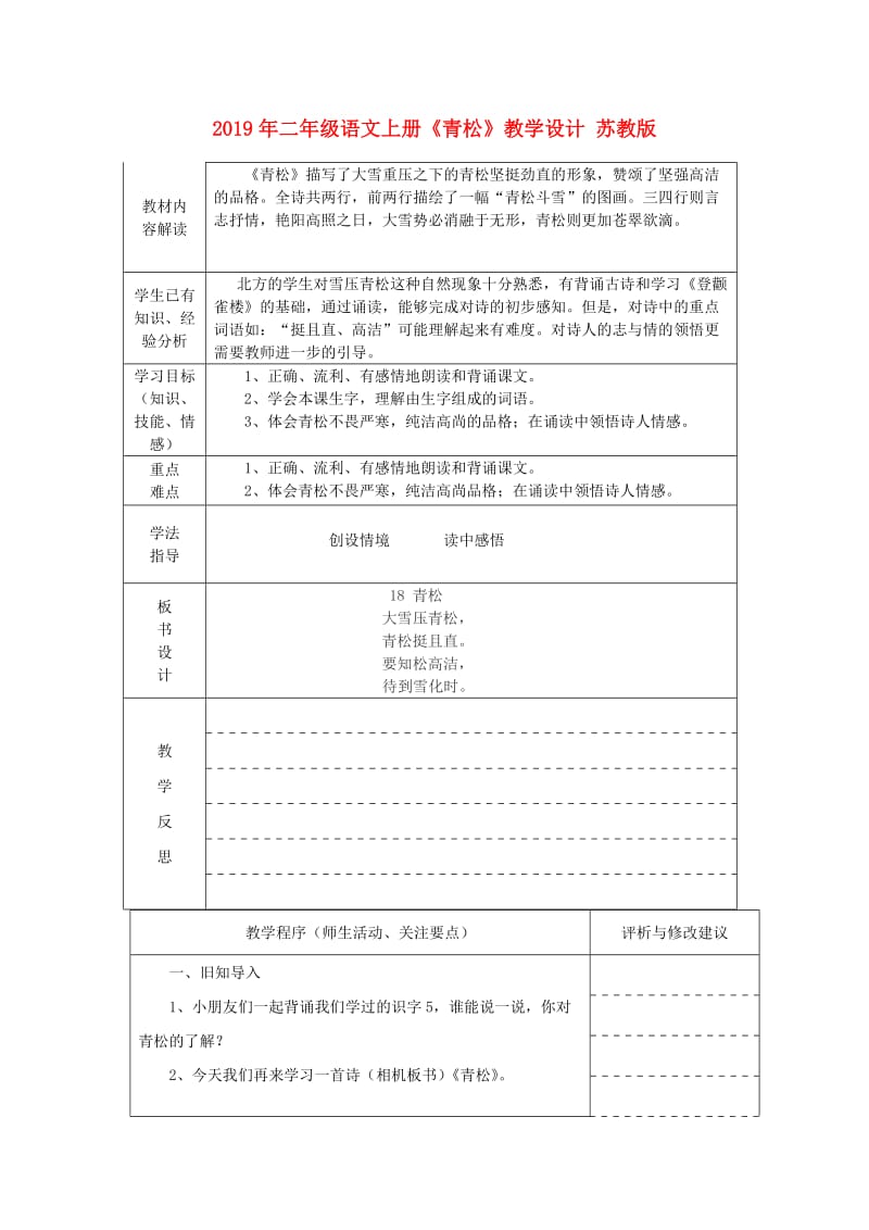 2019年二年级语文上册《青松》教学设计 苏教版.doc_第1页