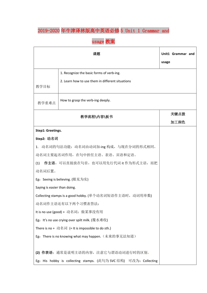 2019-2020年牛津译林版高中英语必修5 Unit 1 Grammar and usage教案.doc_第1页