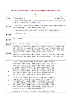 2019年五年級科學(xué)下冊《自行車胎為什么爆裂》表格式教案2 青島版.doc