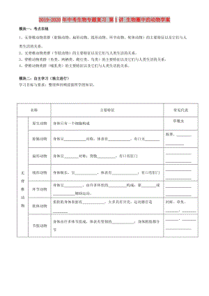 2019-2020年中考生物專題復(fù)習 第1講 生物圈中的動物學案.doc