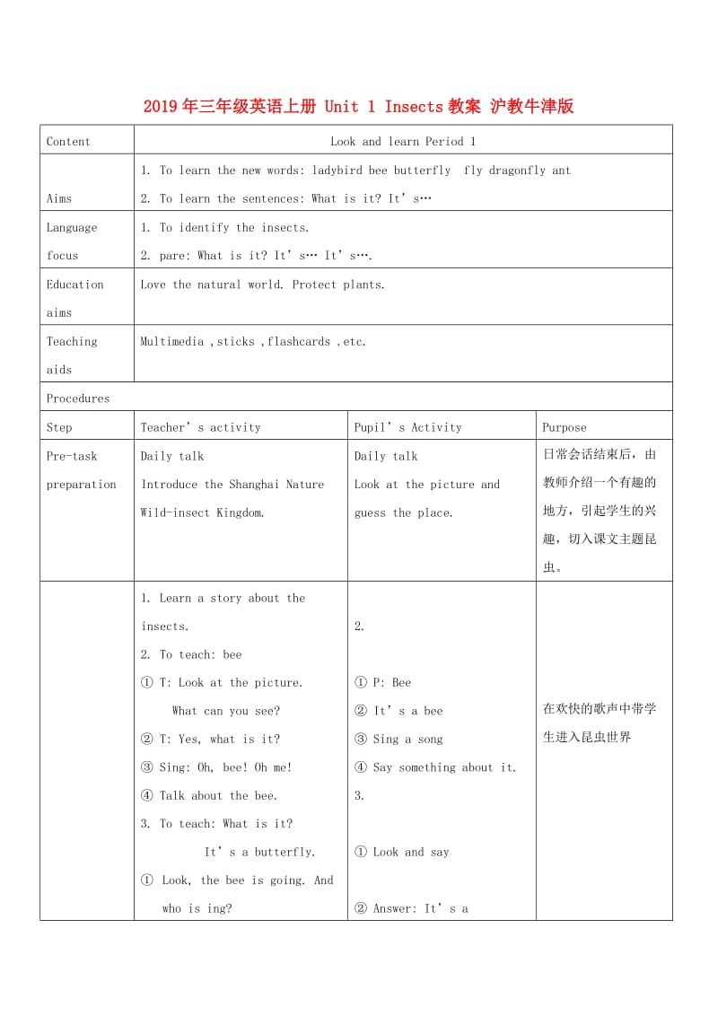 2019年三年级英语上册 Unit 1 Insects教案 沪教牛津版.doc_第1页