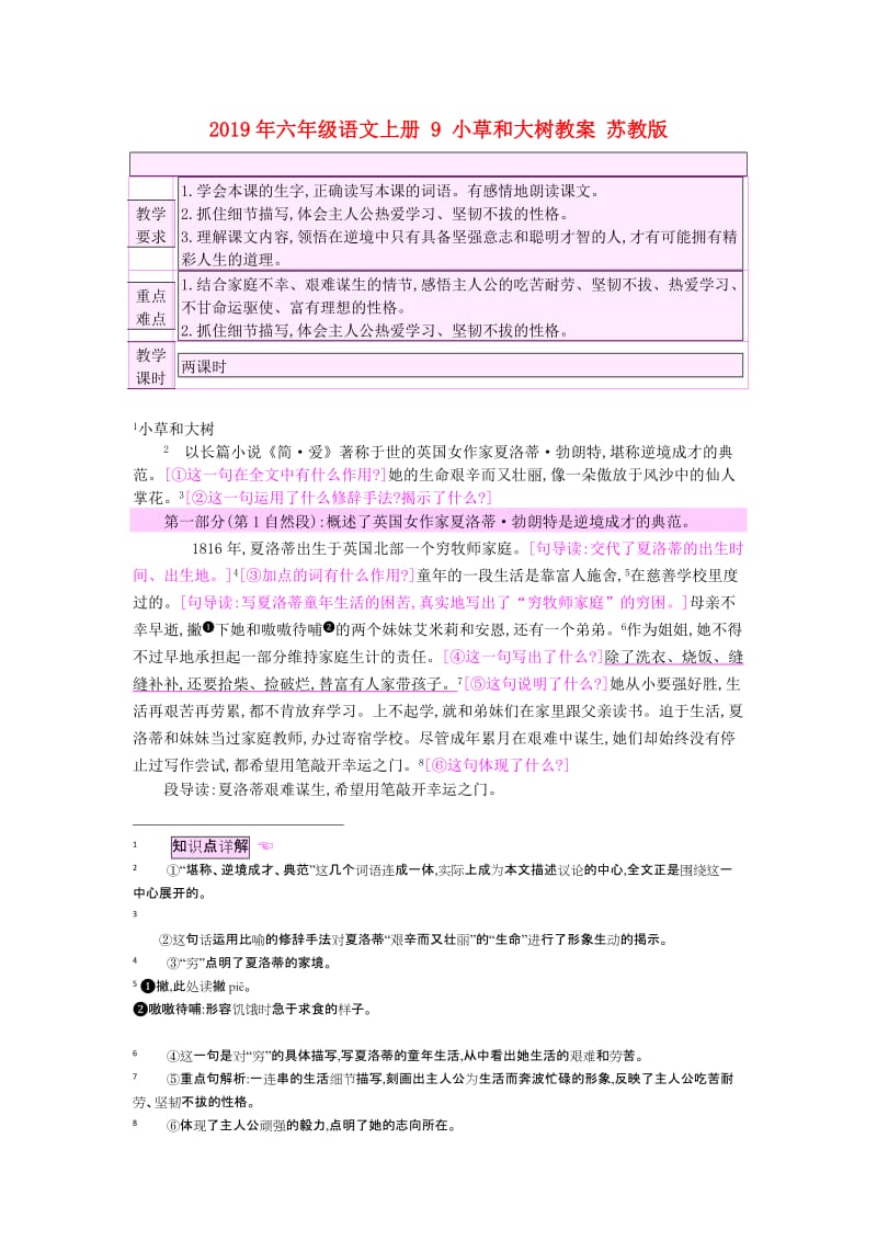 2019年六年级语文上册 9 小草和大树教案 苏教版.doc_第1页