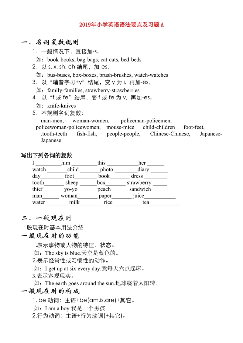 2019年小学英语语法要点及习题A.doc_第1页