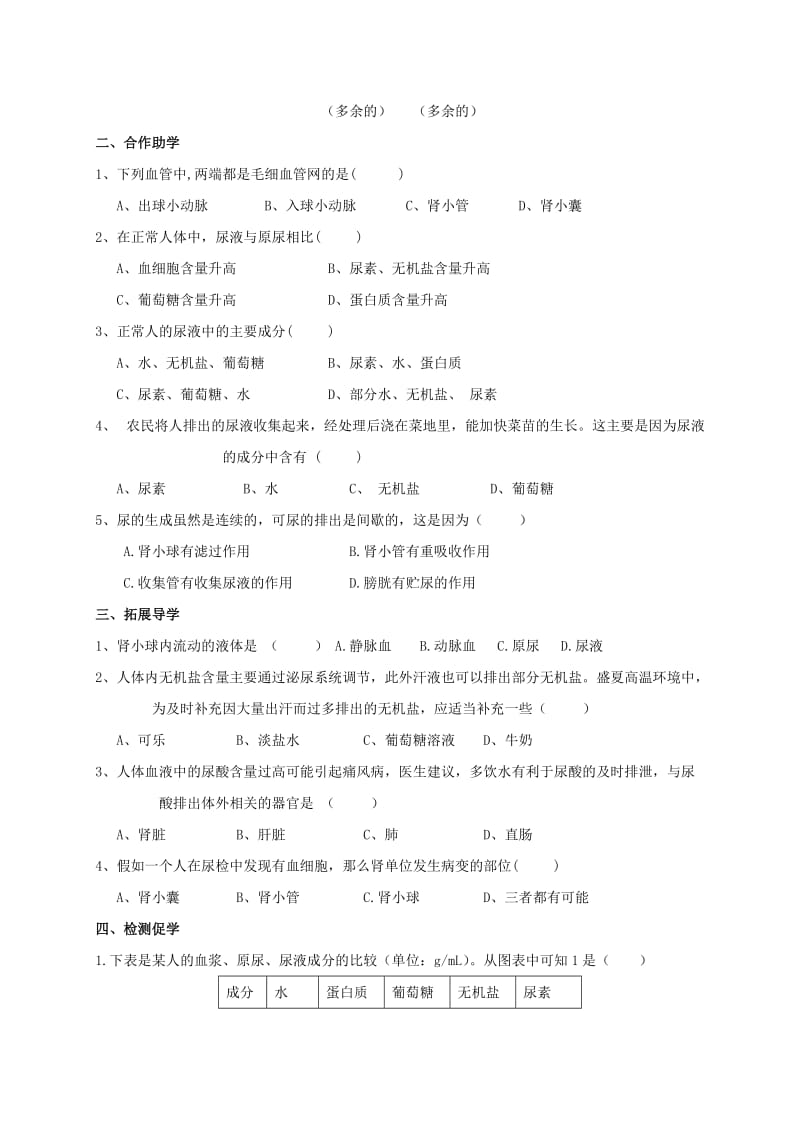 2019-2020年中考生物 专题六 生物体内废物的排出（二）复习学案.doc_第2页