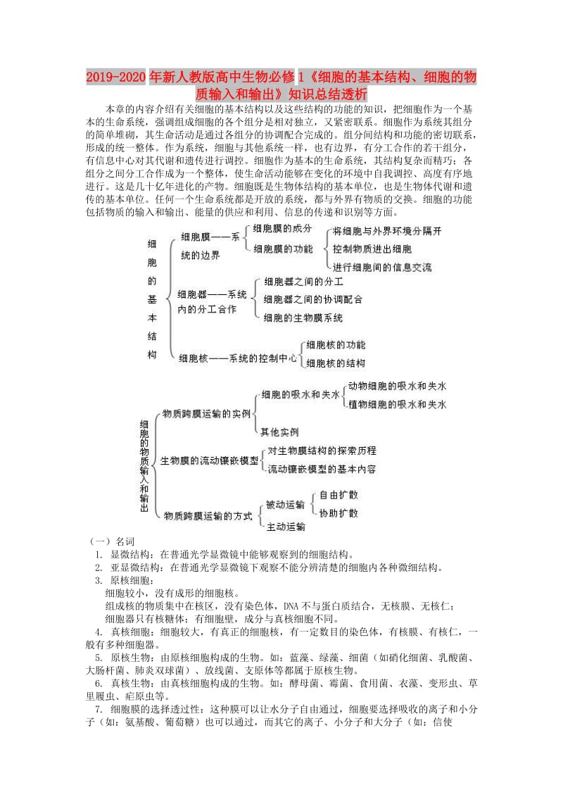 2019-2020年新人教版高中生物必修1《细胞的基本结构、细胞的物质输入和输出》知识总结透析.doc_第1页