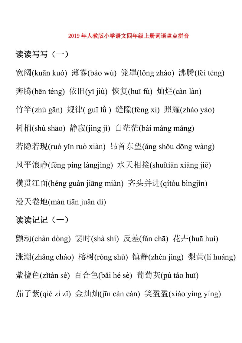 2019年人教版小学语文四年级上册词语盘点拼音.doc_第1页