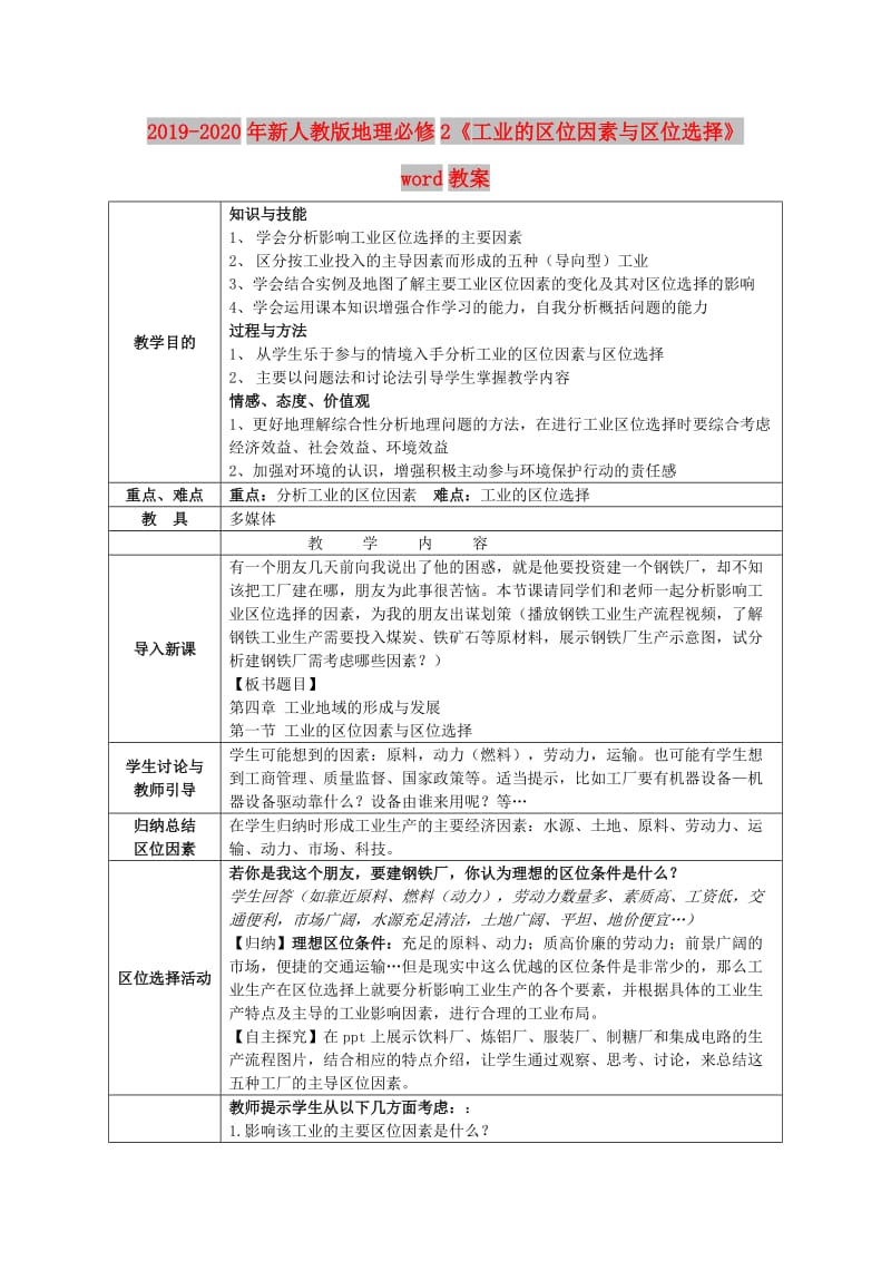 2019-2020年新人教版地理必修2《工业的区位因素与区位选择》word教案.doc_第1页