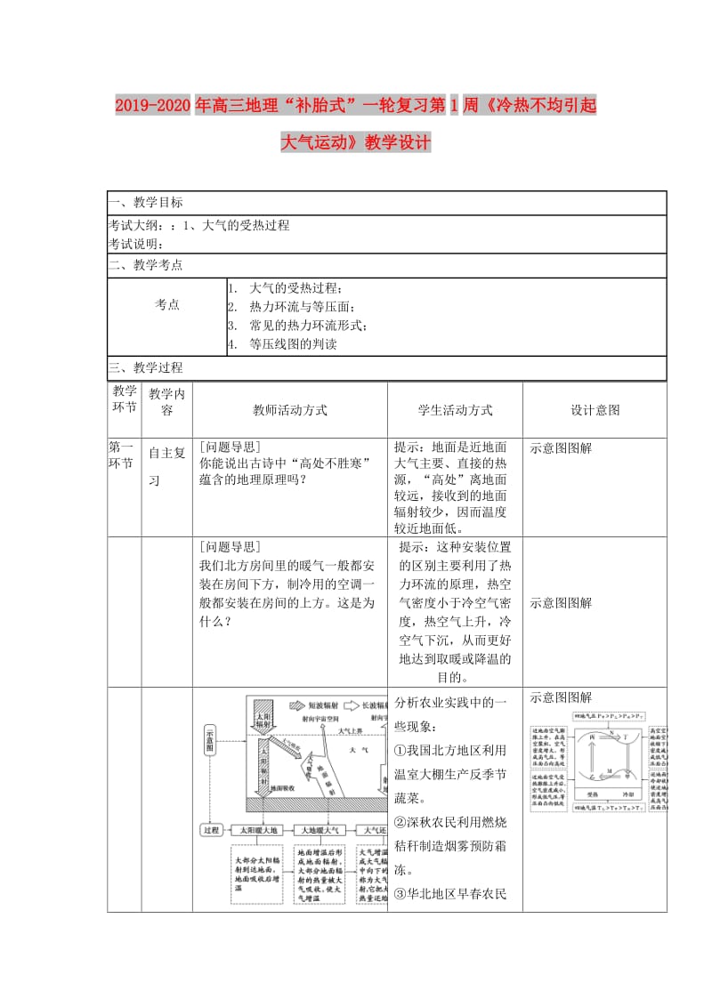 2019-2020年高三地理“补胎式”一轮复习第1周《冷热不均引起大气运动》教学设计.doc_第1页