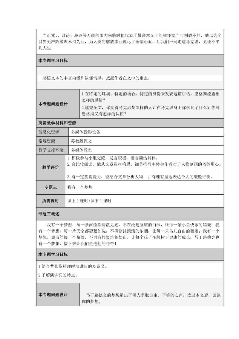 2019-2020年苏教版高中语文必修四《我有一个梦想》word主题单元设计.doc_第3页