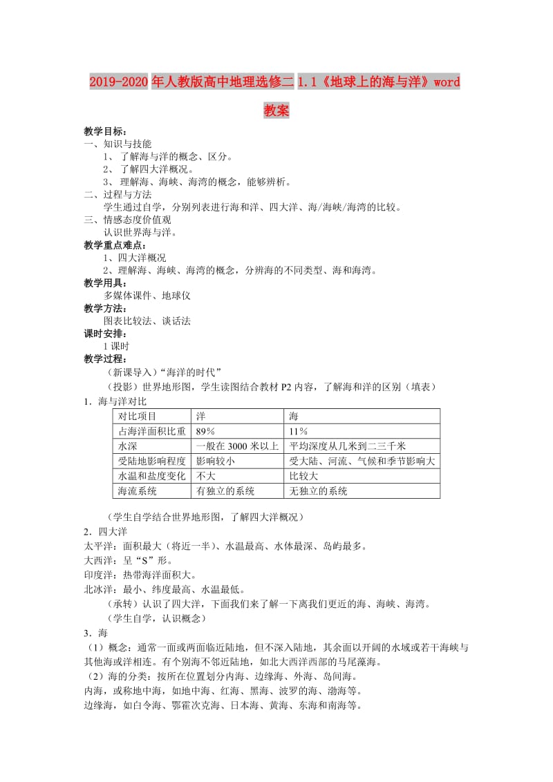 2019-2020年人教版高中地理选修二1.1《地球上的海与洋》word教案.doc_第1页