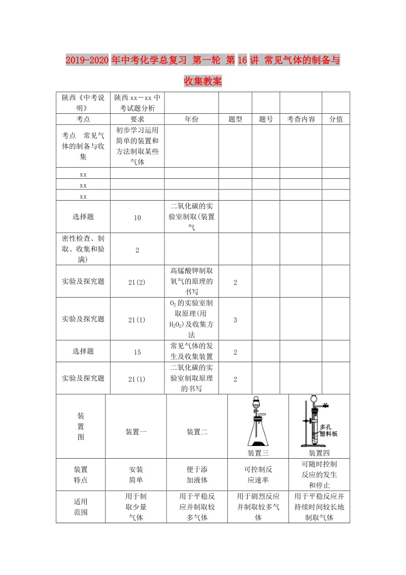 2019-2020年中考化学总复习 第一轮 第16讲 常见气体的制备与收集教案.doc_第1页