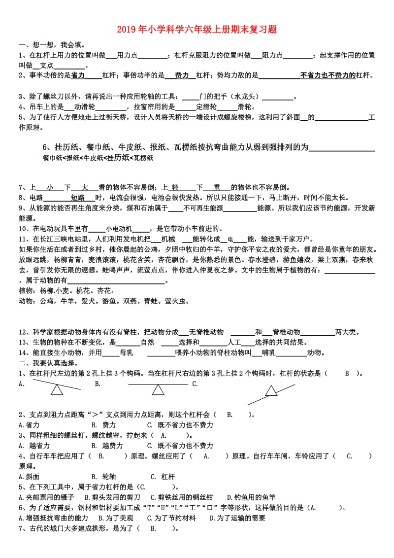 2019年小学科学六年级上册期末复习题.doc_第1页