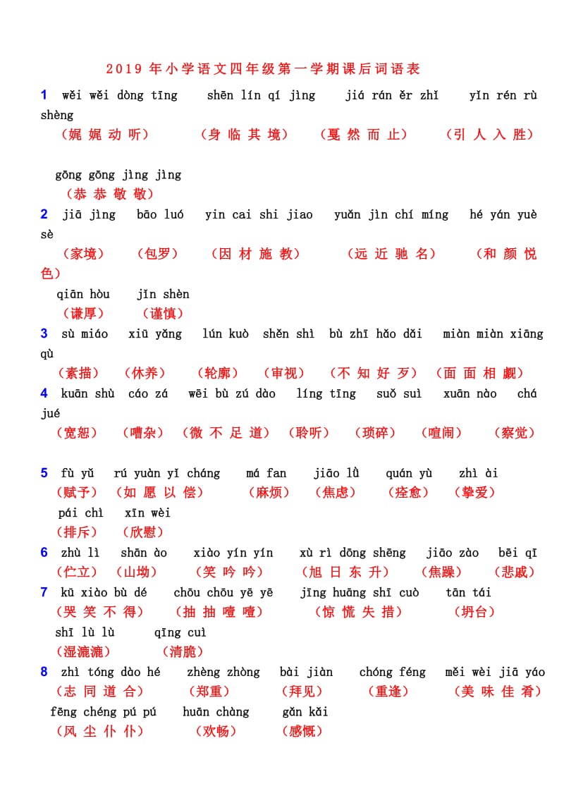 2019年小学语文四年级第一学期课后词语表.doc_第1页