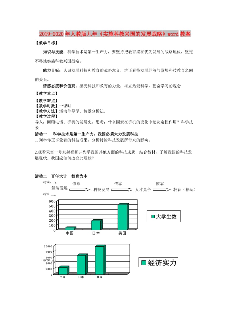 2019-2020年人教版九年《实施科教兴国的发展战略》word教案.doc_第1页