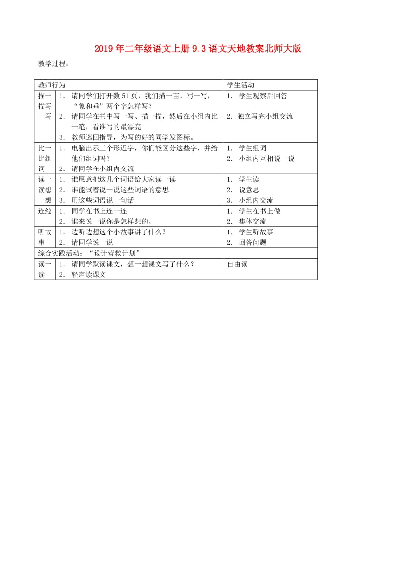 2019年二年级语文上册9.3语文天地教案北师大版.doc_第1页