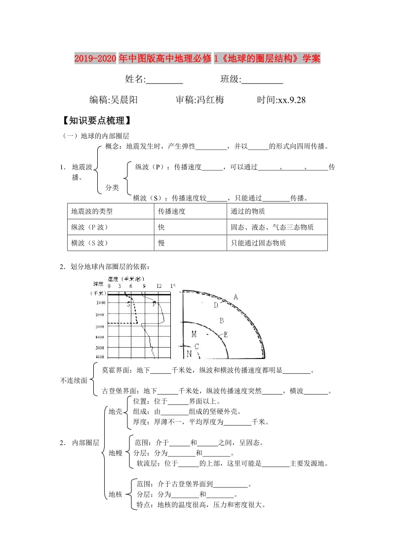 2019-2020年中图版高中地理必修1《地球的圈层结构》学案.doc_第1页