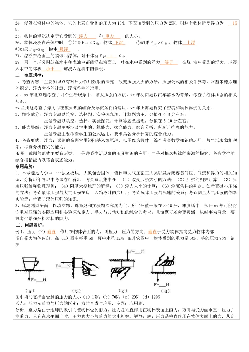 2019-2020年中考科学物理部分复习讲义专题7压强和浮力.doc_第3页