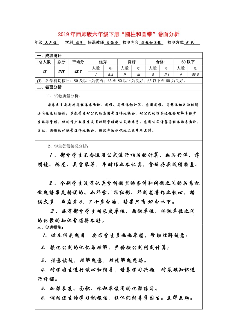 2019年西师版六年级下册“圆柱和圆锥”卷面分析.doc_第1页