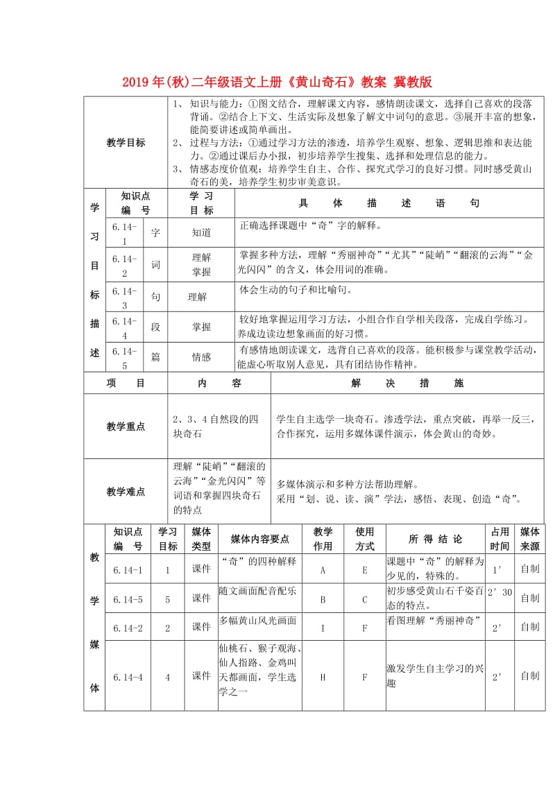 2019年(秋)二年级语文上册《黄山奇石》教案 冀教版.doc_第1页