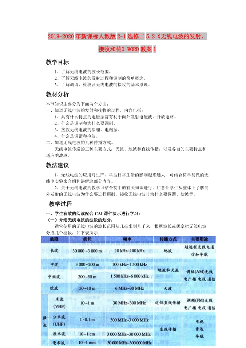 2019-2020年新课标人教版2-1选修二5.2《无线电波的发射、接收和传》WORD教案1.doc_第1页