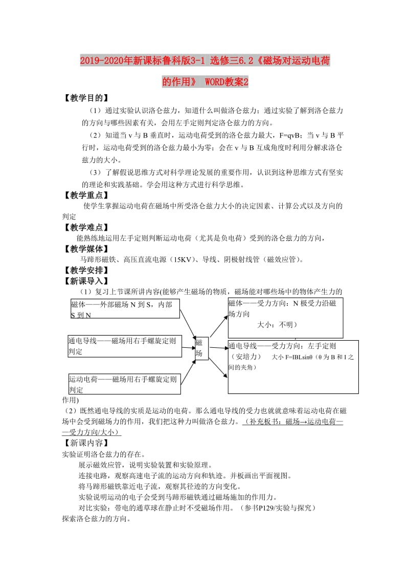 2019-2020年新课标鲁科版3-1 选修三6.2《磁场对运动电荷的作用》 WORD教案2.doc_第1页