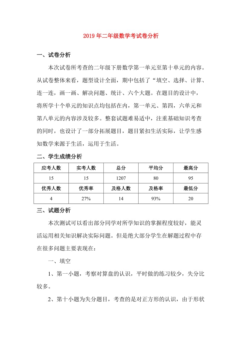 2019年二年级数学考试卷分析.doc_第1页