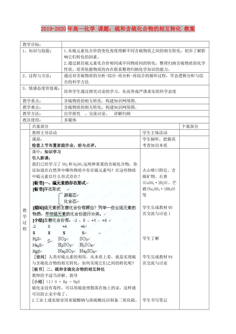 2019-2020年高一化学 课题：硫和含硫化合物的相互转化 教案.doc_第1页