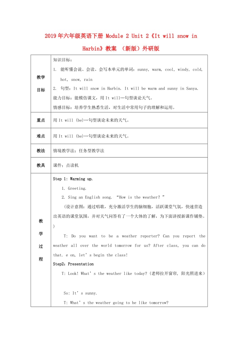 2019年六年级英语下册 Module 2 Unit 2《It will snow in Harbin》教案 （新版）外研版.doc_第1页