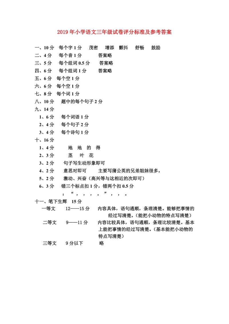 2019年小学语文三年级试卷评分标准及参考答案.doc_第1页