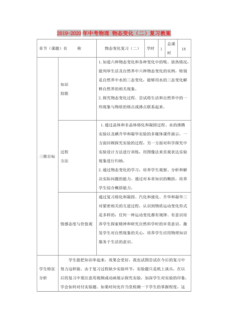 2019-2020年中考物理 物态变化（二）复习教案.doc_第1页