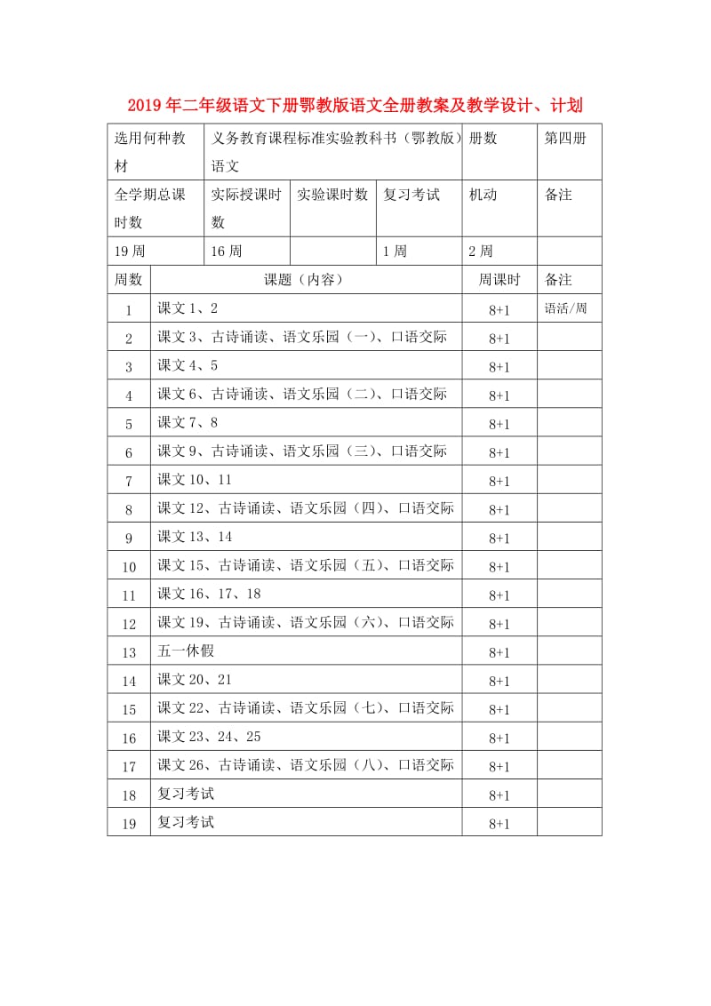 2019年二年级语文下册鄂教版语文全册教案及教学设计、计划.doc_第1页