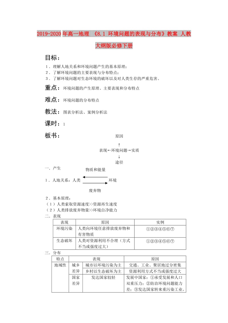 2019-2020年高一地理 《8.1 环境问题的表现与分布》教案 人教大纲版必修下册.doc_第1页