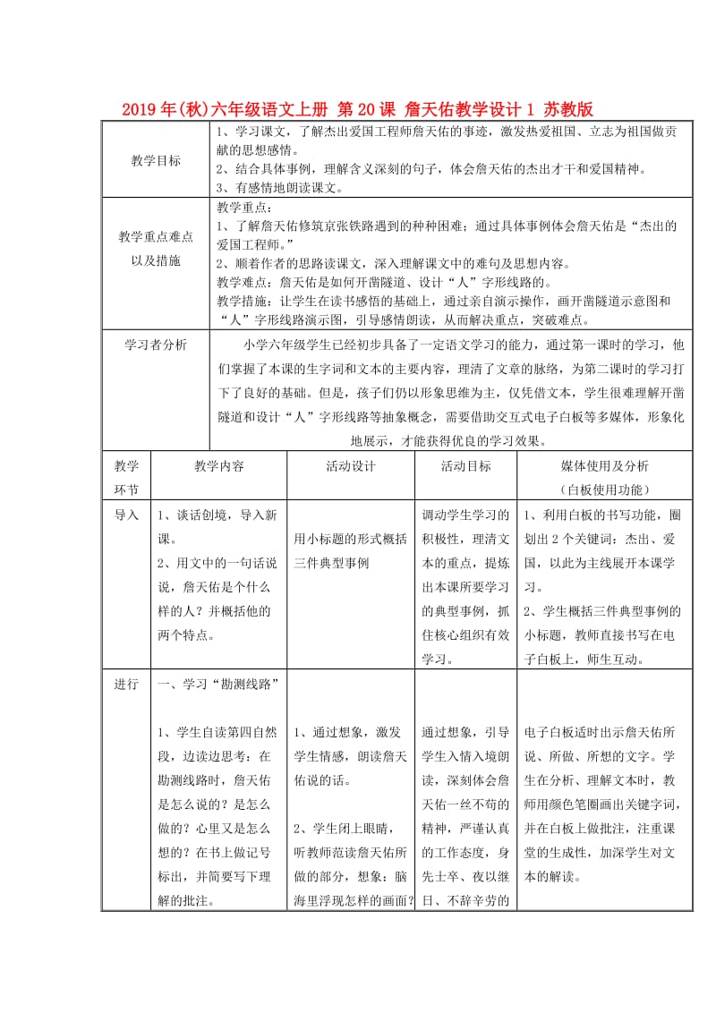 2019年(秋)六年级语文上册 第20课 詹天佑教学设计1 苏教版.doc_第1页