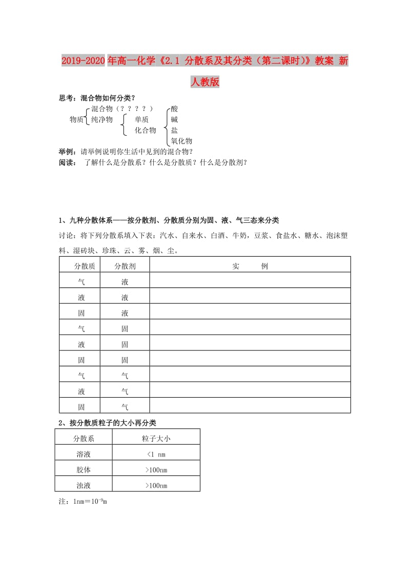 2019-2020年高一化学《2.1 分散系及其分类（第二课时）》教案 新人教版.doc_第1页