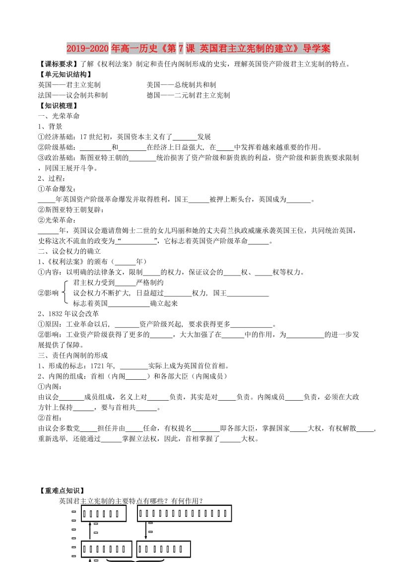 2019-2020年高一历史《第7课 英国君主立宪制的建立》导学案.doc_第1页