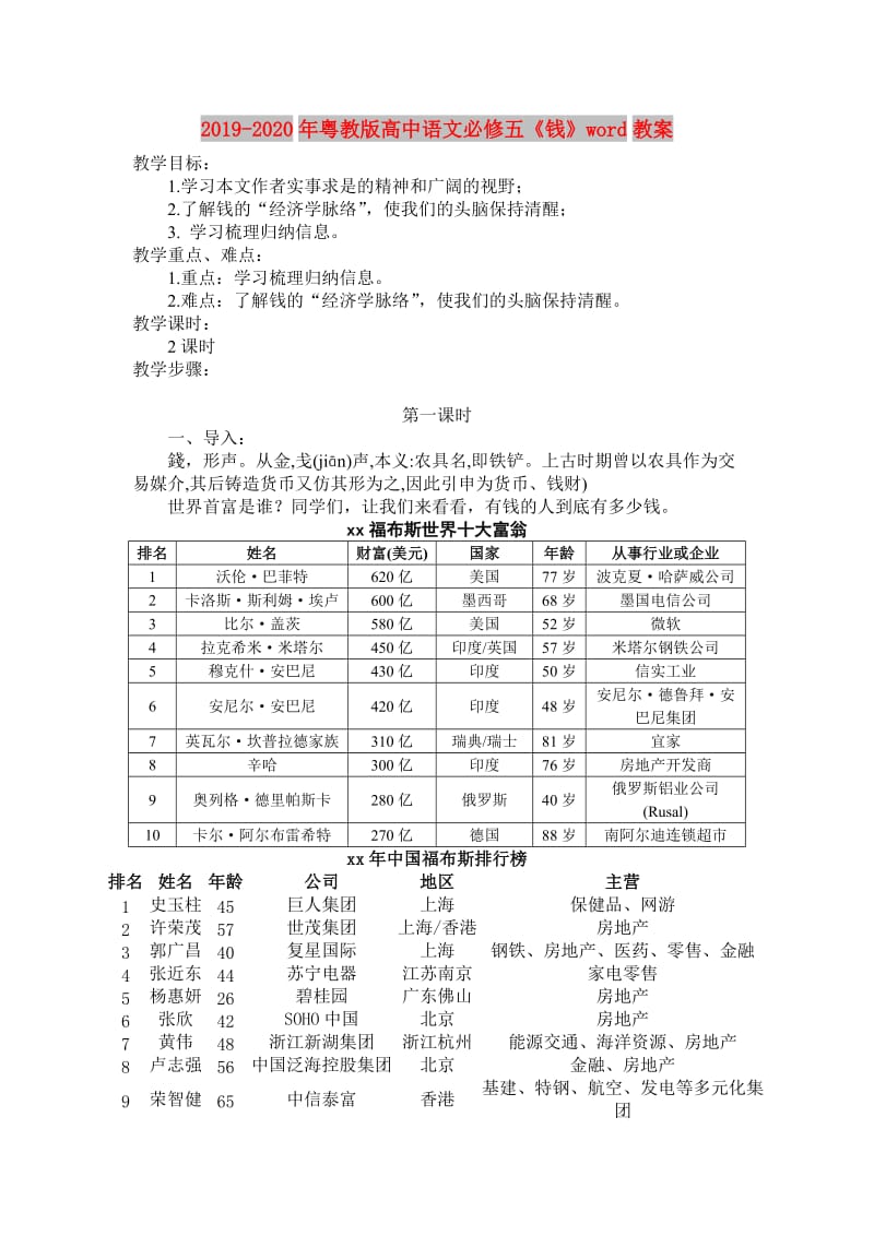 2019-2020年粤教版高中语文必修五《钱》word教案.doc_第1页