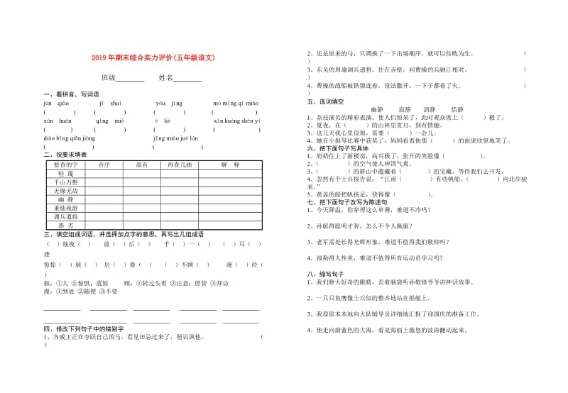 2019年期末综合实力评价(五年级语文).doc_第1页