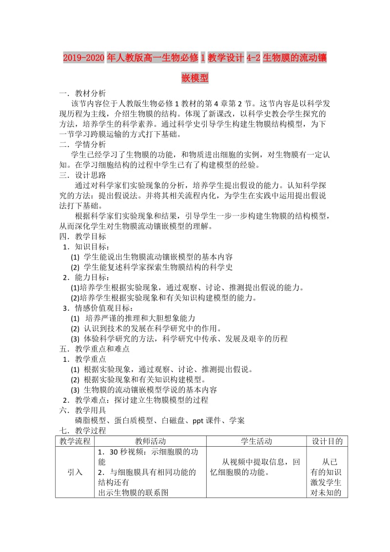 2019-2020年人教版高一生物必修1教学设计4-2生物膜的流动镶嵌模型.doc_第1页